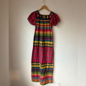 Mexican Vibrant Multicolor Cotton Striped Dress with Floral Embroidery Hand Loom